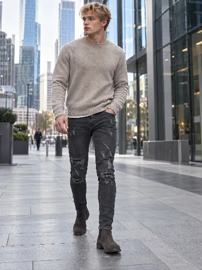 Men’s Skinny Fit Jeans – Graphite Denim with Distressed Details, 98% Cotton / 2% Elastane