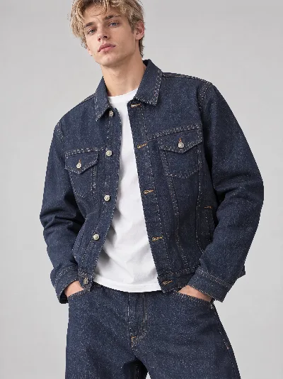 Męska kurtka jeansowa – klasyczny fason, granatowy denim, 100% bawełna