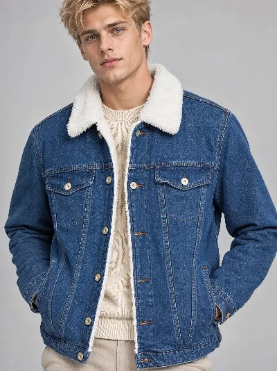 Męska kurtka jeansowa z kożuszkiem – ocieplany denim jacket, niebieski denim