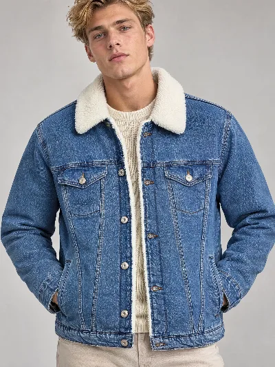 Męska kurtka jeansowa z kożuszkiem – ocieplany denim jacket, niebieski denim