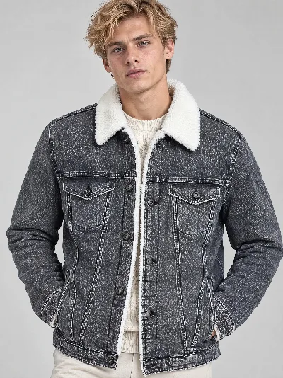 Męska kurtka jeansowa z kożuszkiem – ocieplany denim jacket, antracytowy denim