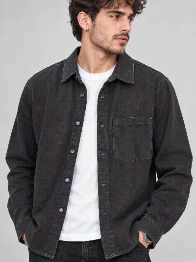 Męska koszula jeansowa Regular Fit – washed black denim, 100% bawełna