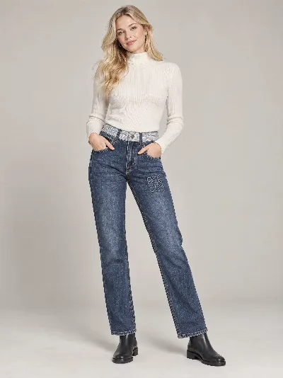 Damskie jeansy Straight Fit – wid waist stan, klasyczna prosta nogawka – Niebieski