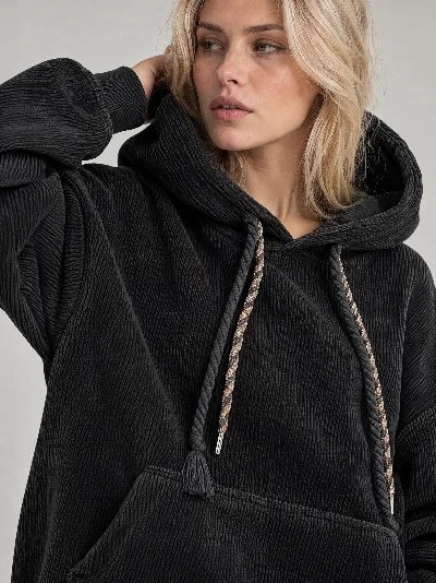 Damska Bluza Oversize z Kapturem – Prążkowana Struktura – Czarny