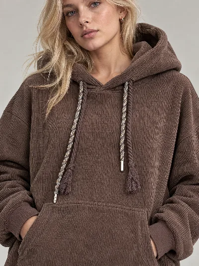 Damska Bluza Oversize z Kapturem – Prążkowana Struktura – Brązowy
