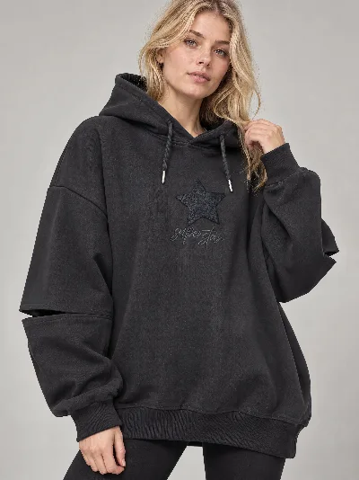 Damska Bluza Oversize z Kapturem – Prążkowana Struktura – Czarny