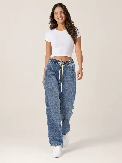 Damskie jeansy Skater Balloon – szeroka nogawka, elastyczny pas