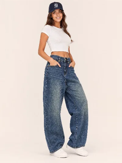 Damskie jeansy baggy z wysokim stanem – szeroka nogawka