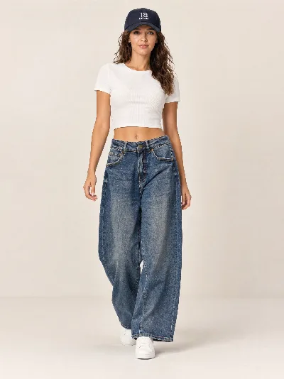 Damskie jeansy baggy z wysokim stanem – szeroka nogawka
