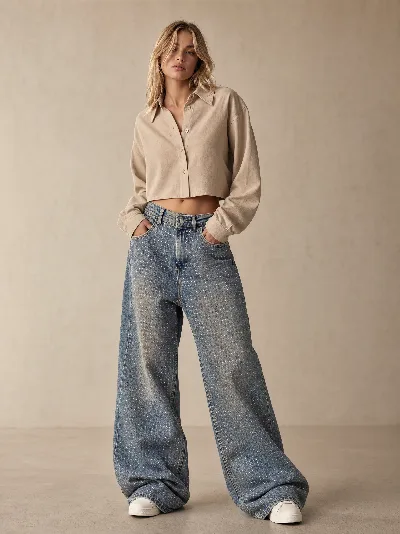Damskie jeansy baggy z wysokim stanem – szeroka nogawka