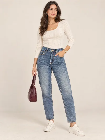 Damskie jeansy MOM FIT – wysoki stan, elastyczny denim