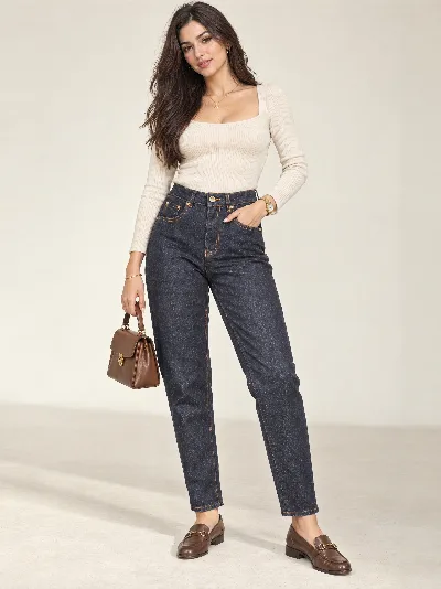 Damskie jeansy MOM FIT – wysoki stan, elastyczny denim