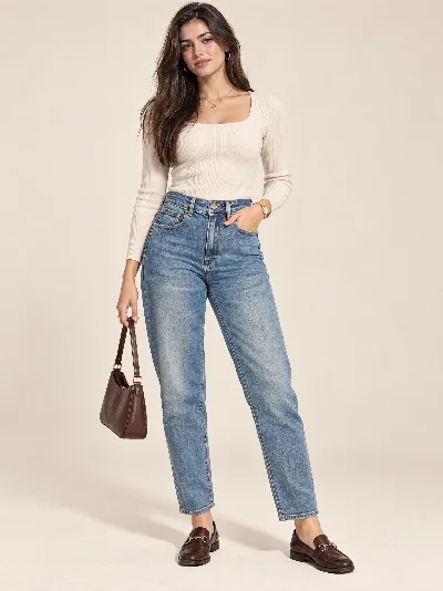 Damskie jeansy MOM FIT – wysoki stan, elastyczny denim