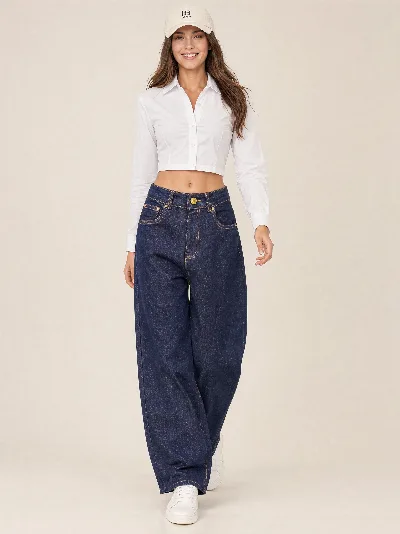 Damskie jeansy baggy z wysokim stanem – szeroka nogawka