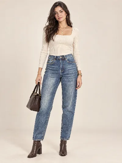 Damskie jeansy MOM FIT – wysoki stan, elastyczny denim
