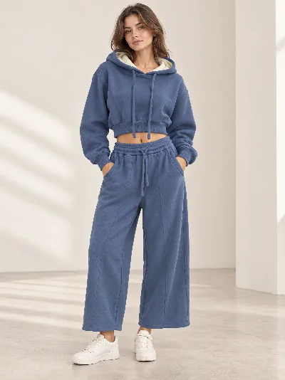 Damskie komplet dresowy – cropped bluza z kapturem i szerokie spodnie