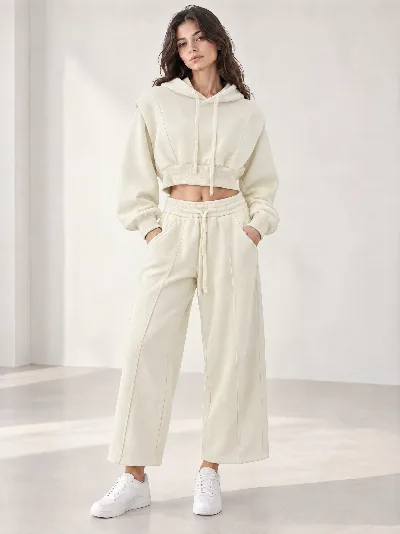 Damskie komplet dresowy – cropped bluza z kapturem i szerokie spodnie