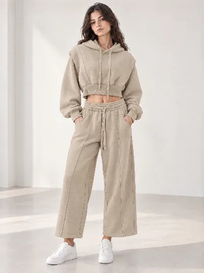 Damskie komplet dresowy – cropped bluza z kapturem i szerokie spodnie